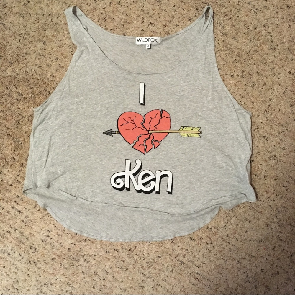 Rare Wildfox Barbie collab “I Hate Ken” printed oversized heather gray tank top